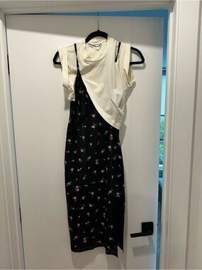 Alexander Wang Black Slip Dress with Cream Layered Top and Pink Floral Print